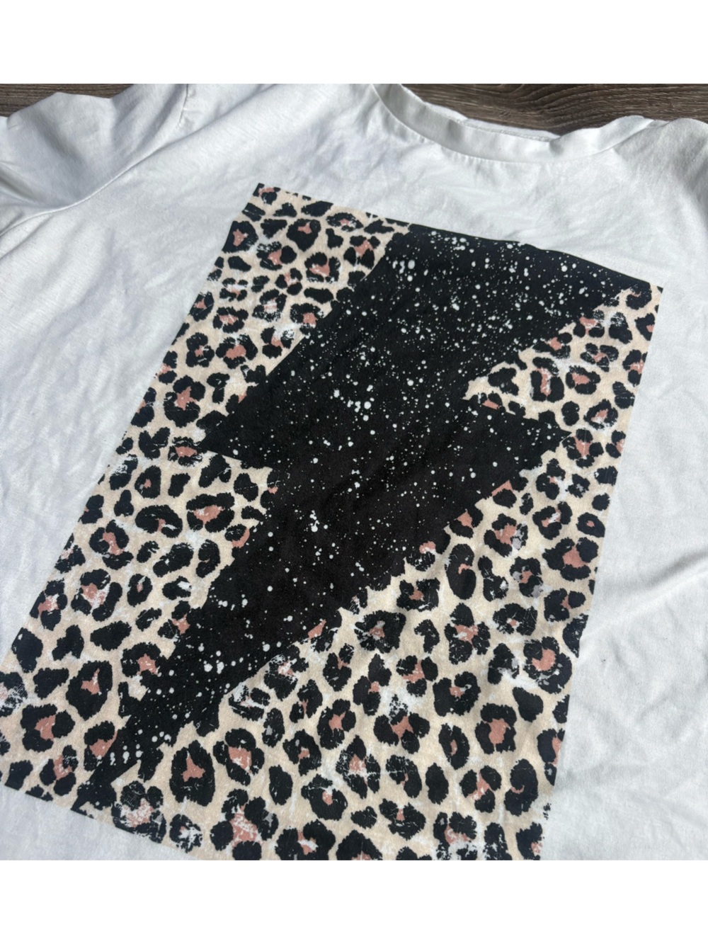 SHEIN White Tee with Leopard Panel and Black Lightning Splash
